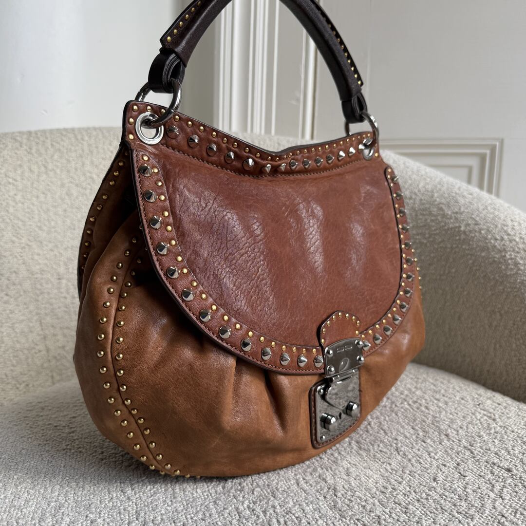 Miu Miu Studded Leather Brown Handbag