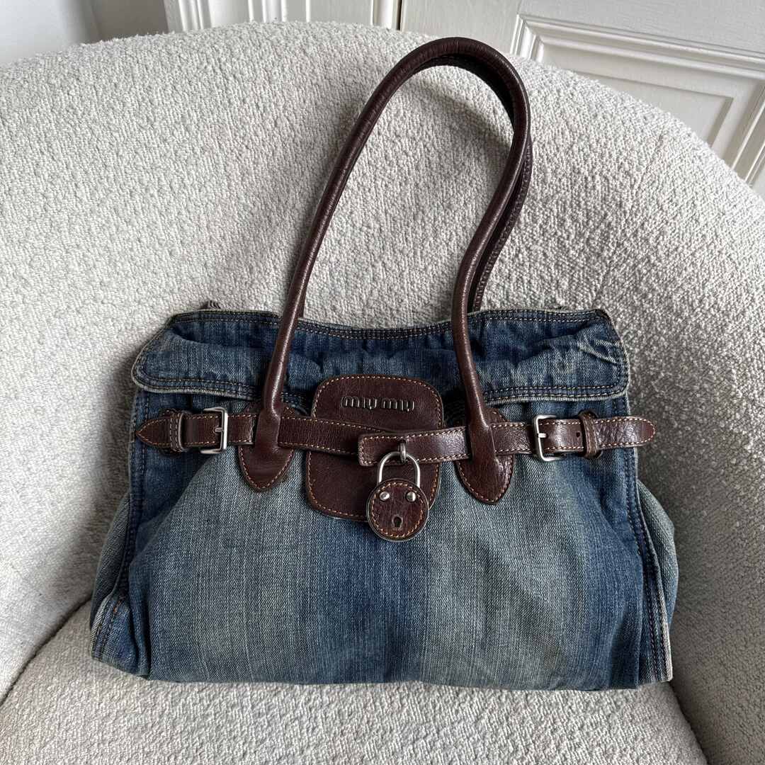 RARE 2000s Miu Miu Denim Buckle Brown Shoulder Bag