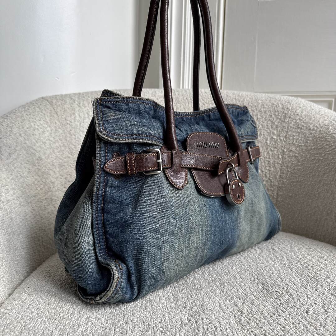RARE 2000s Miu Miu Denim Buckle Brown Shoulder Bag