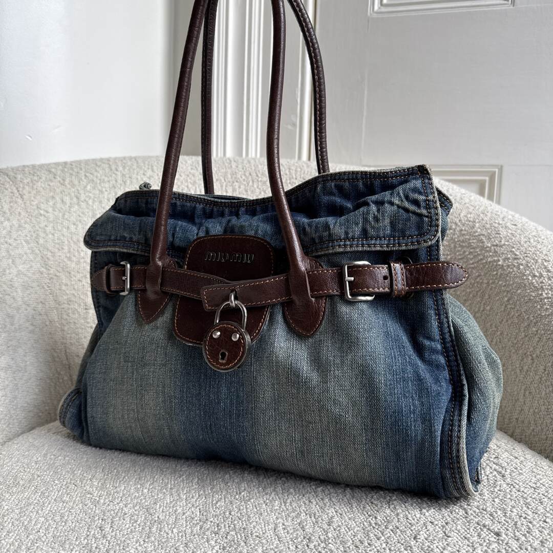 RARE 2000s Miu Miu Denim Buckle Brown Shoulder Bag