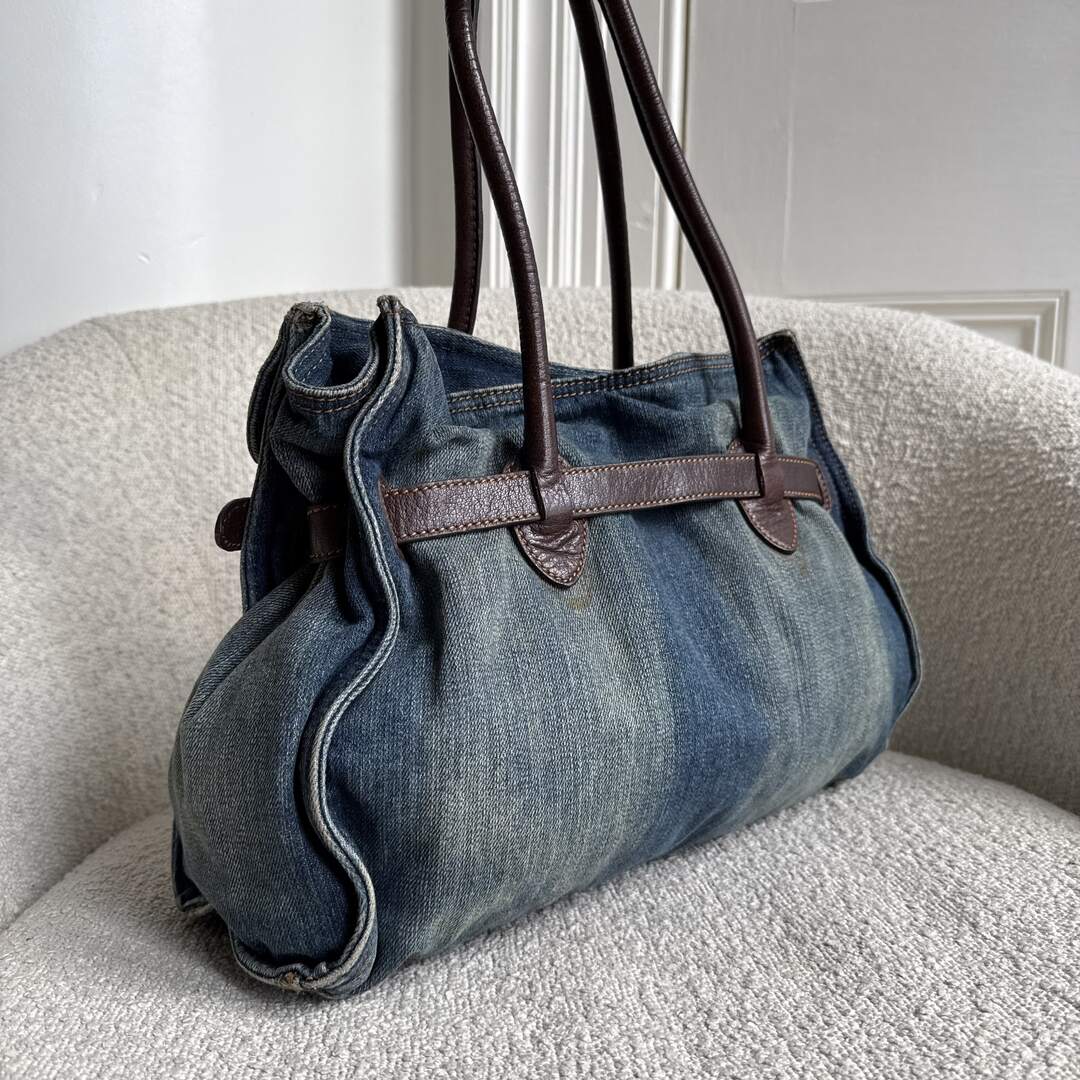 RARE 2000s Miu Miu Denim Buckle Brown Shoulder Bag