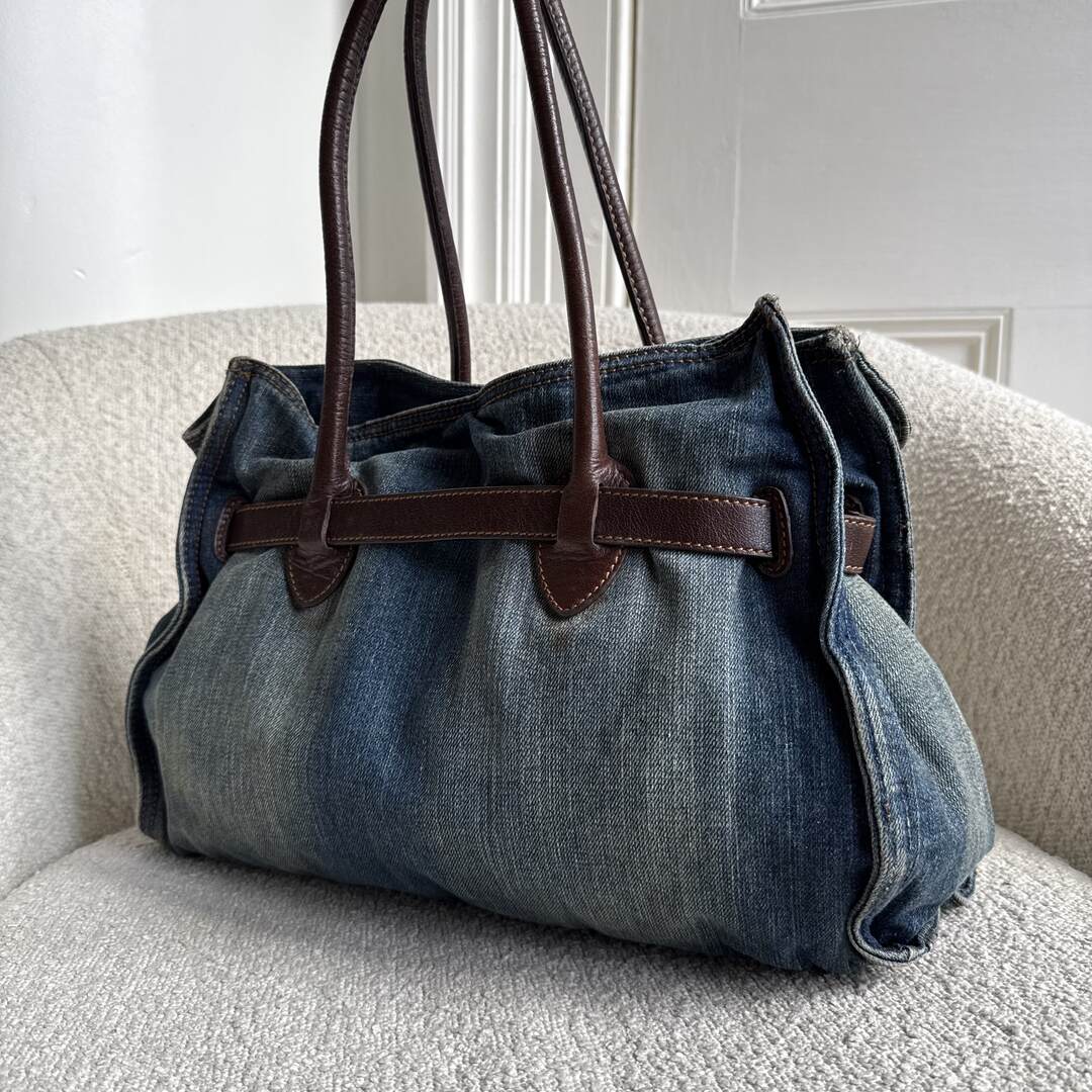 RARE 2000s Miu Miu Denim Buckle Brown Shoulder Bag