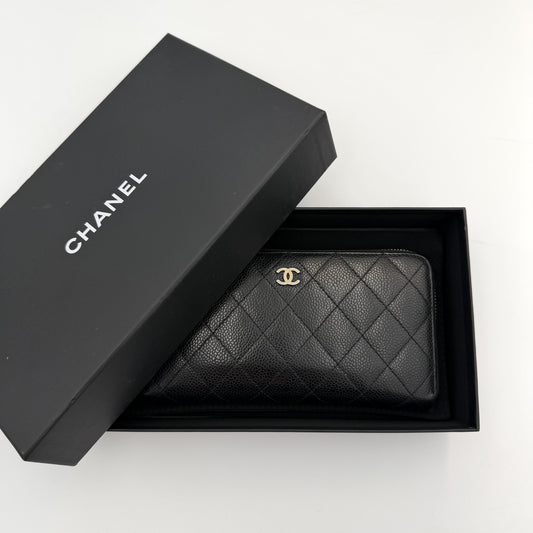 2014 Chanel CC Matelasse Caviar Black Leather Long Zip Wallet
