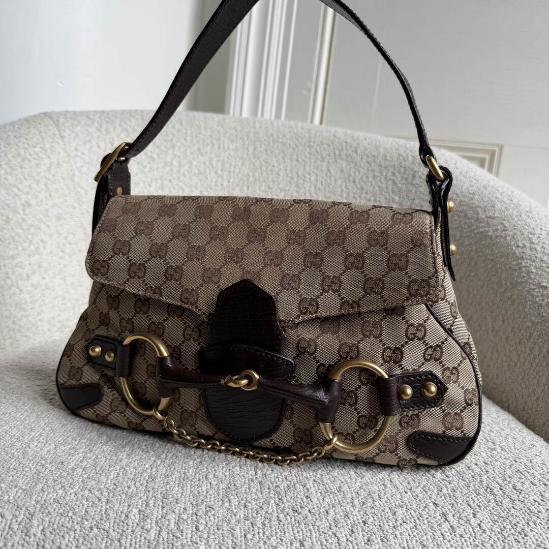 Gucci GG Canvas Horsebit Chain Brown Shoulder Bag