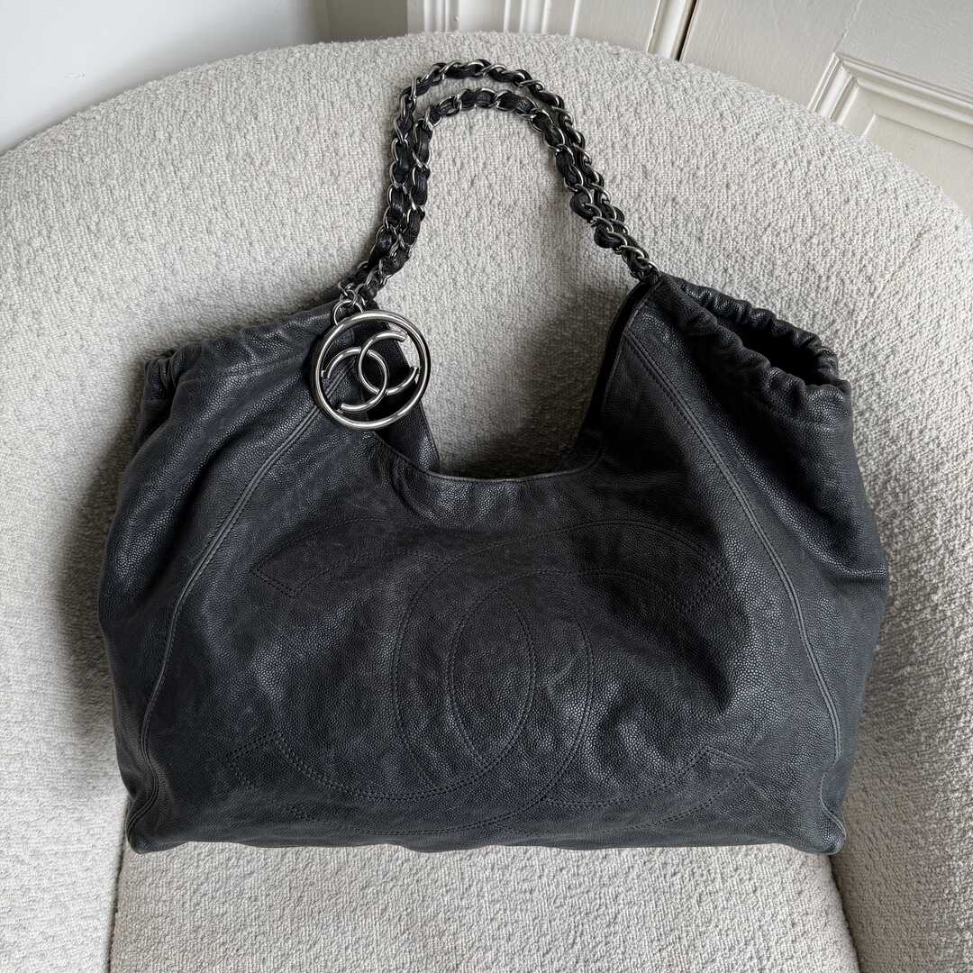 2005 Chanel Coco Cabas Distressed Caviar Leather Black XL Tote Bag