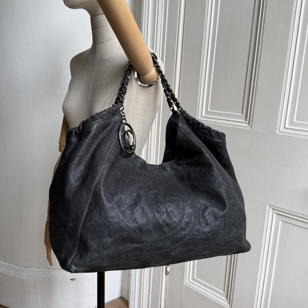2005 Chanel Coco Cabas Distressed Caviar Leather Black XL Tote Bag