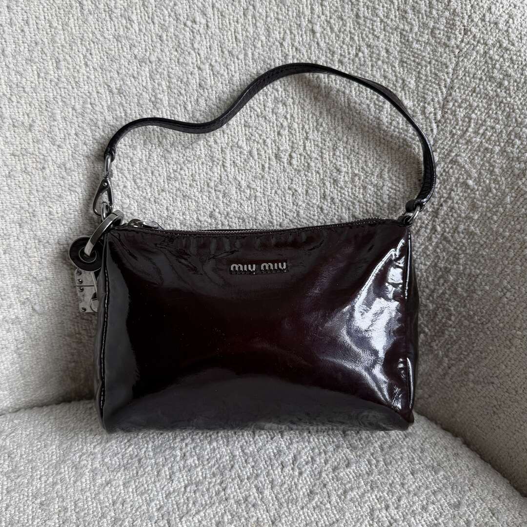 2000s Miu Miu Patent Dark Brown Leather Mini Shoulder Bag