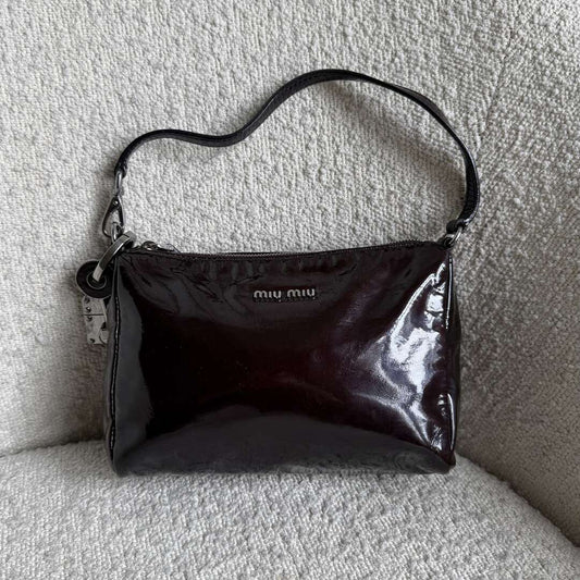 2000s Miu Miu Patent Dark Brown Leather Mini Shoulder Bag