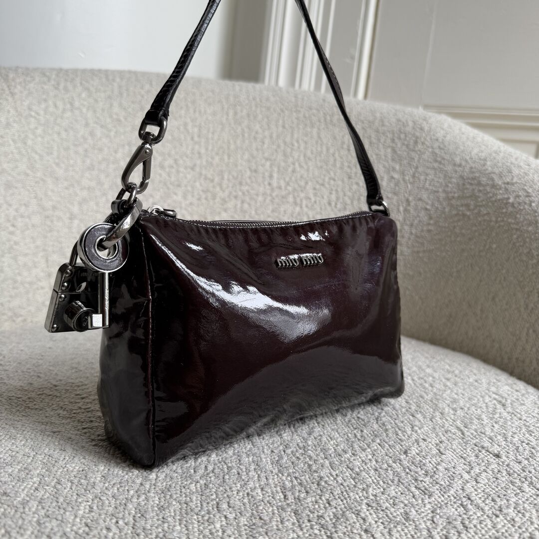 2000s Miu Miu Patent Dark Brown Leather Mini Shoulder Bag