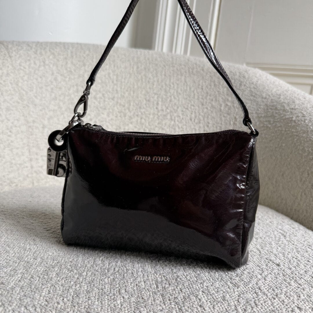 2000s Miu Miu Patent Dark Brown Leather Mini Shoulder Bag