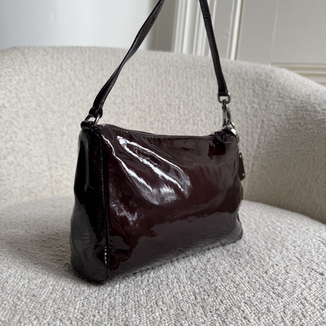 2000s Miu Miu Patent Dark Brown Leather Mini Shoulder Bag