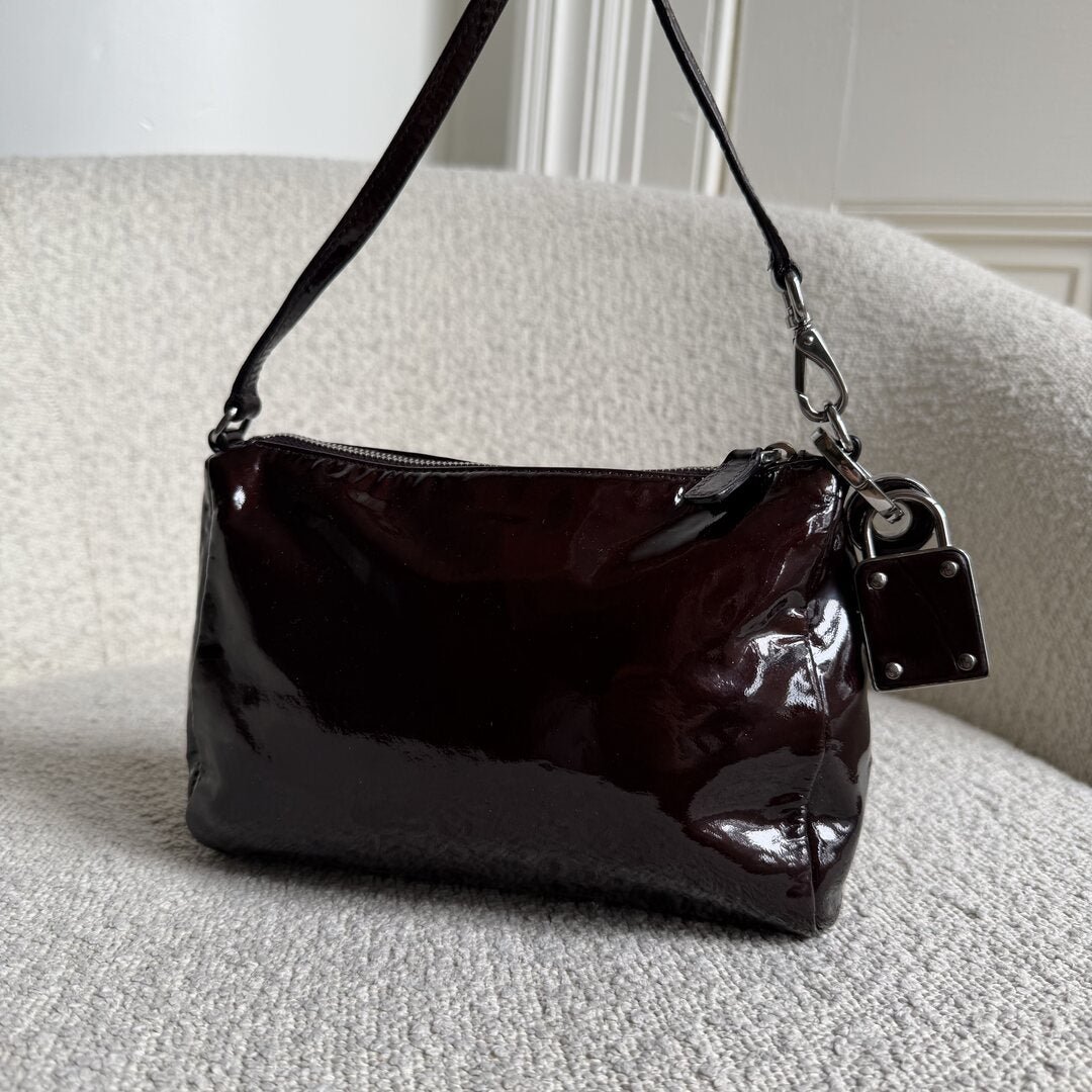 2000s Miu Miu Patent Dark Brown Leather Mini Shoulder Bag