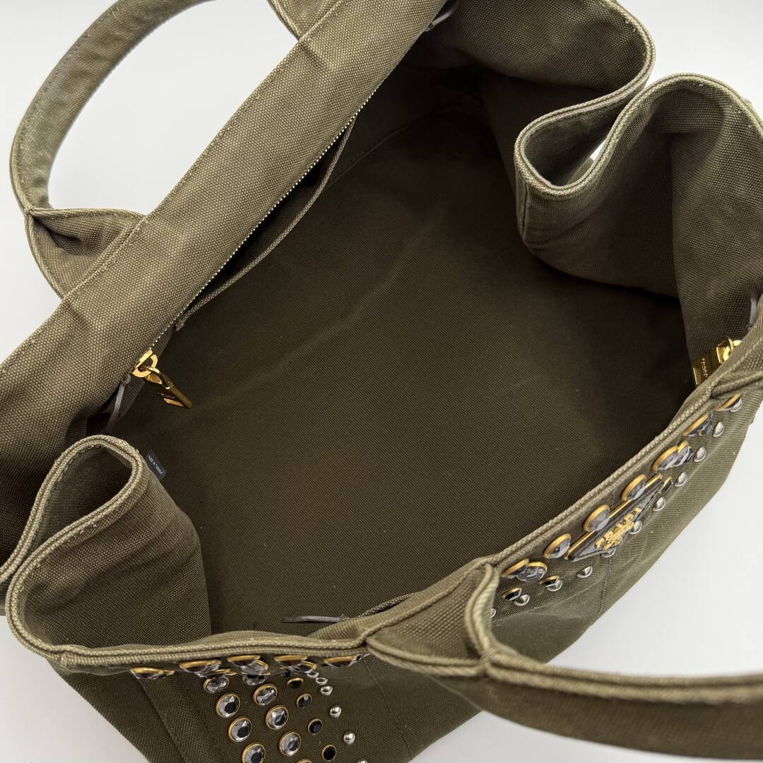 Prada Canapa Bijoux Canvas Khaki Large Tote Bag