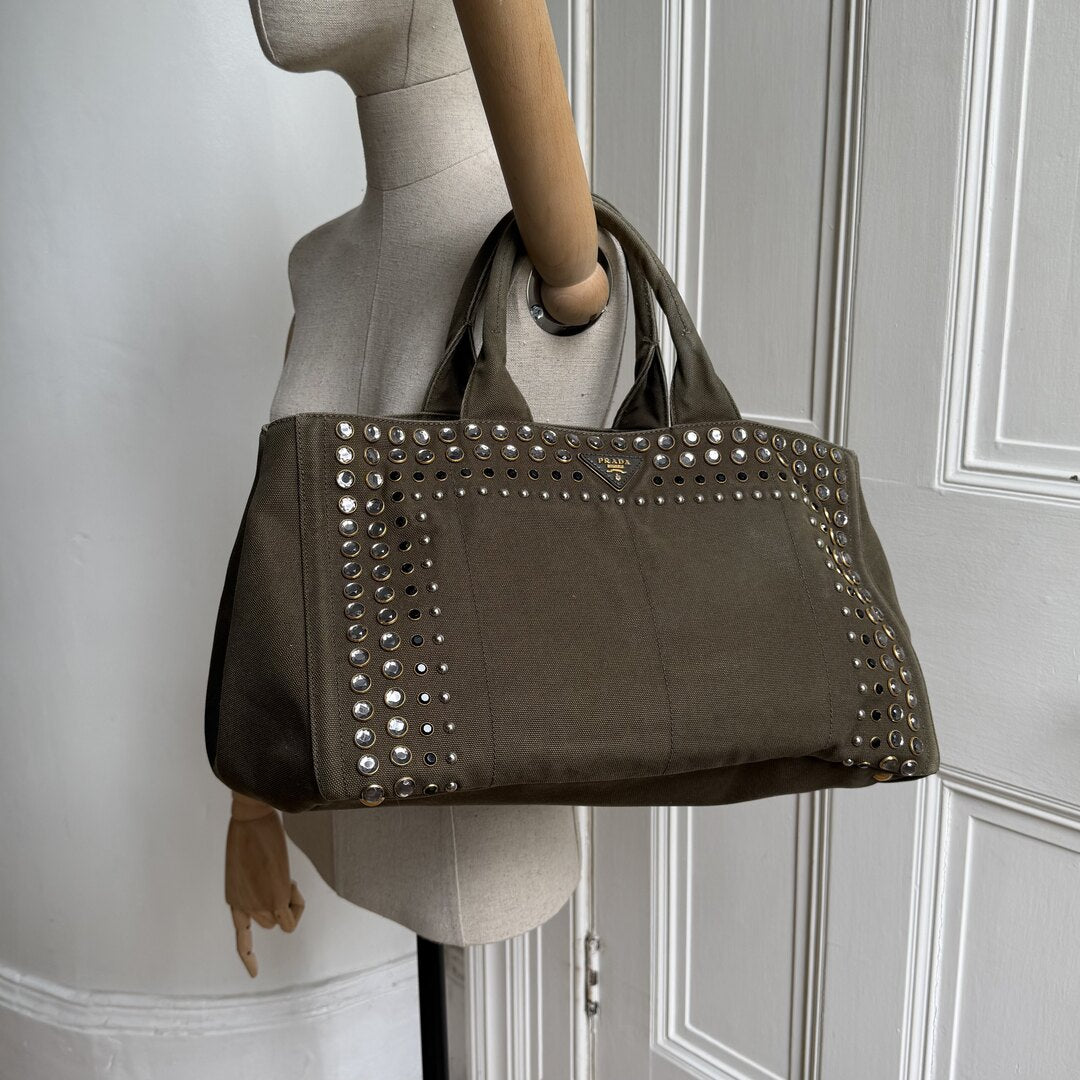 Prada Canapa Bijoux Canvas Khaki Large Tote Bag