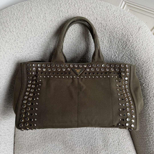 Prada Canapa Bijoux Canvas Khaki Large Tote Bag