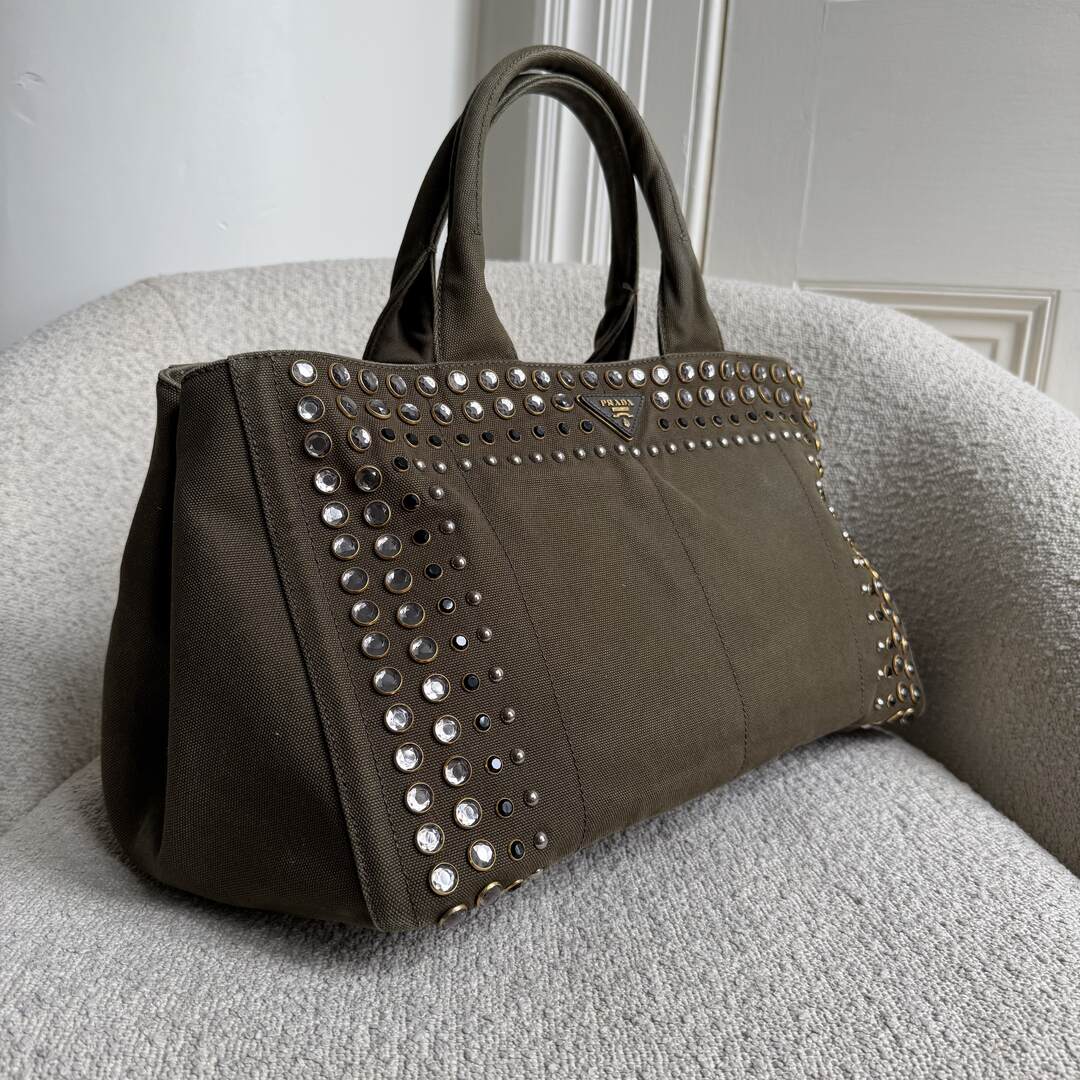 Prada Canapa Bijoux Canvas Khaki Large Tote Bag