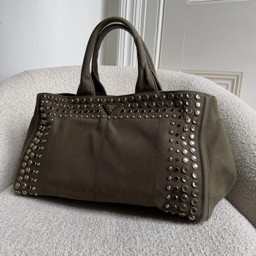 Prada Canapa Bijoux Canvas Khaki Large Tote Bag
