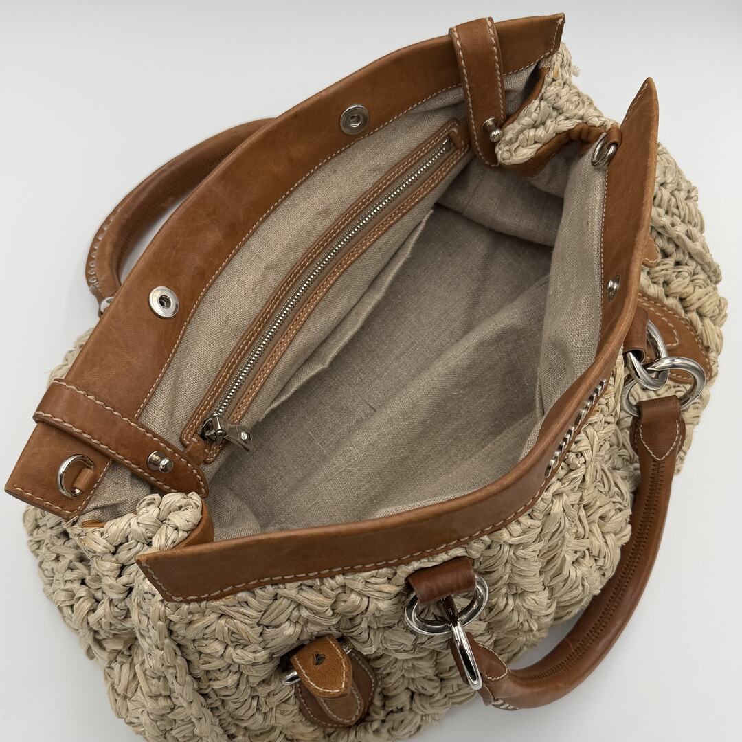 Miu Miu Straw Cream Raffia Brown Leather Tote Bag
