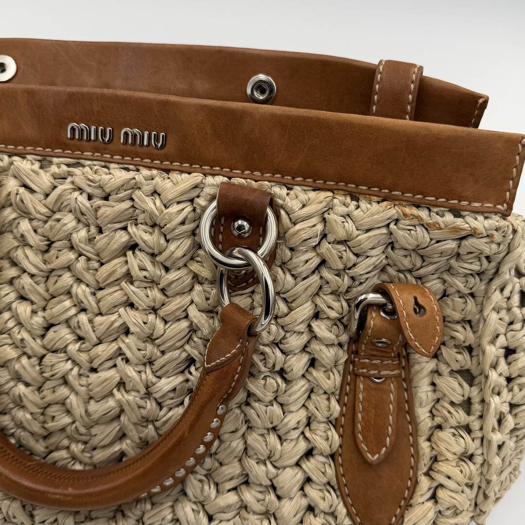 Miu Miu Straw Cream Raffia Brown Leather Tote Bag