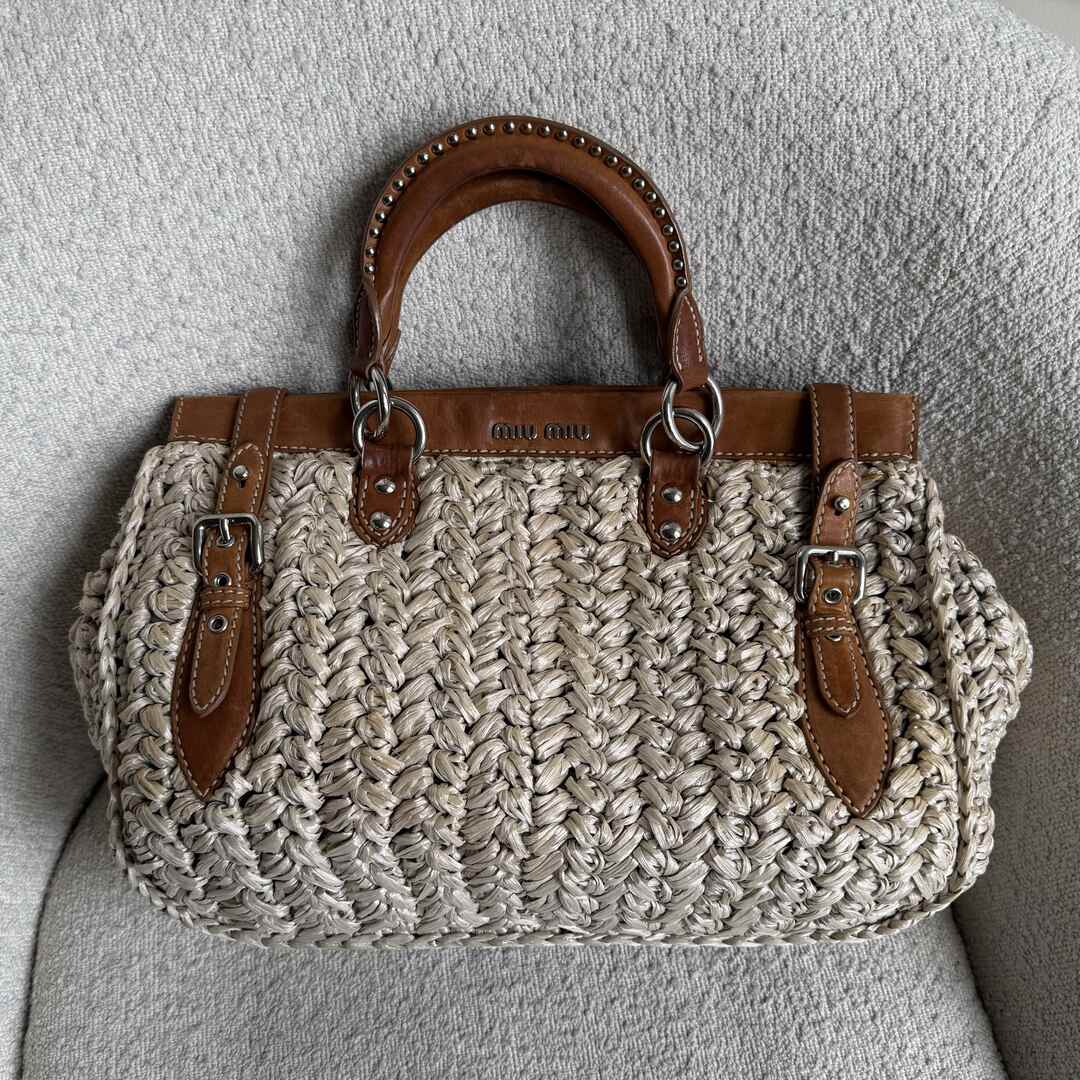 Miu Miu Straw Cream Raffia Brown Leather Tote Bag