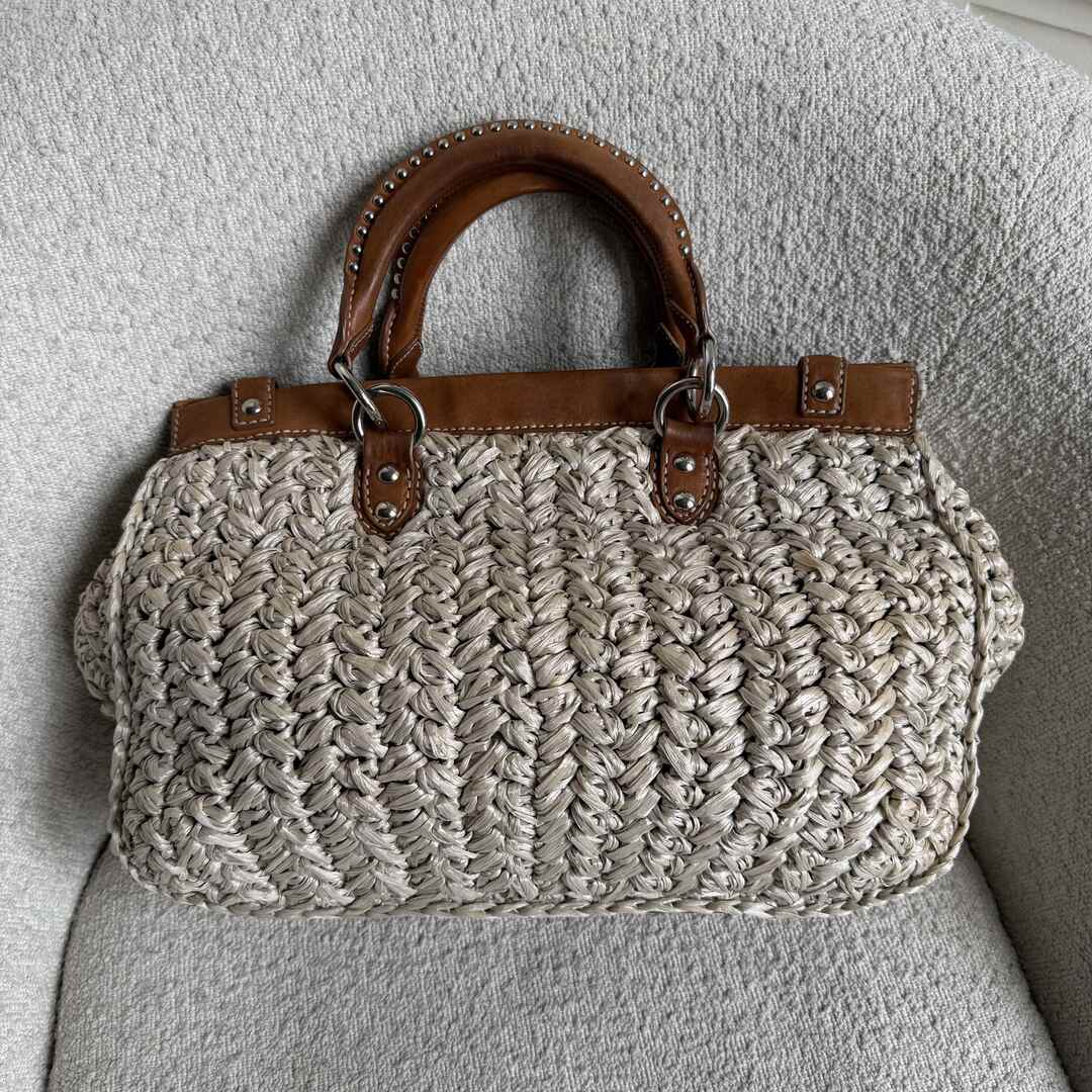 Miu Miu Straw Cream Raffia Brown Leather Tote Bag