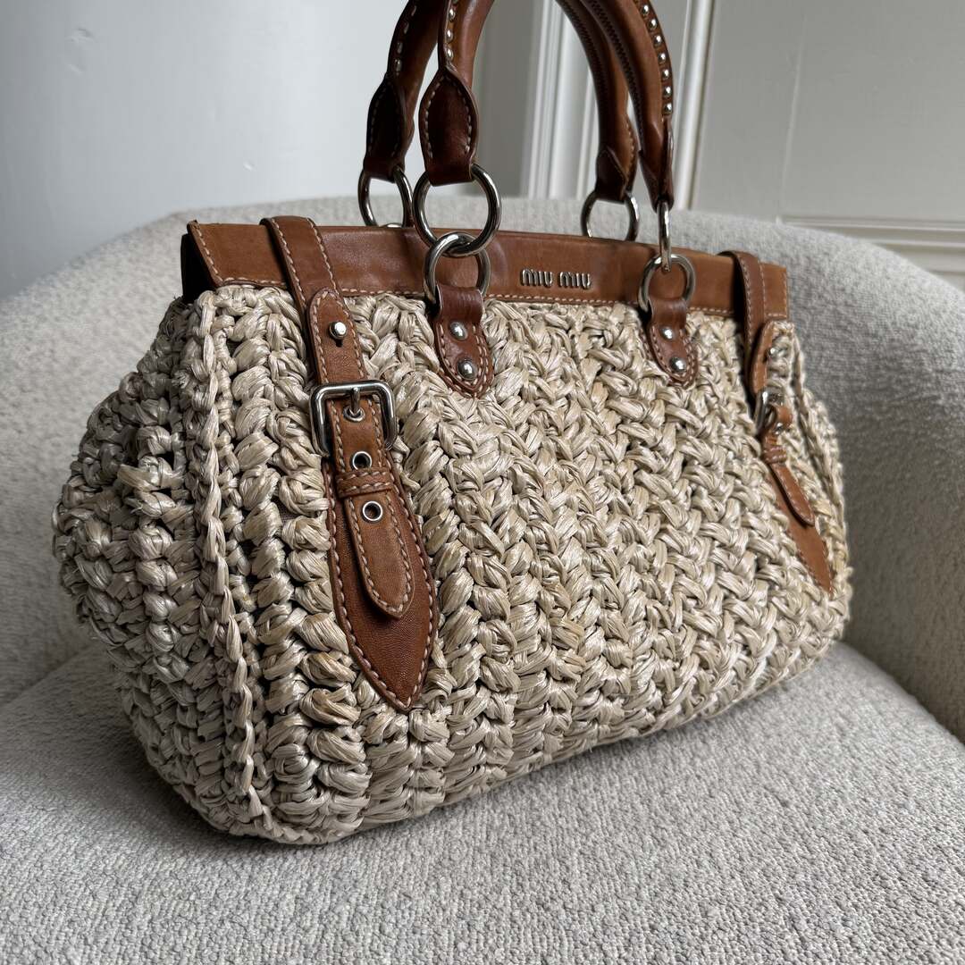 Miu Miu Straw Cream Raffia Brown Leather Tote Bag