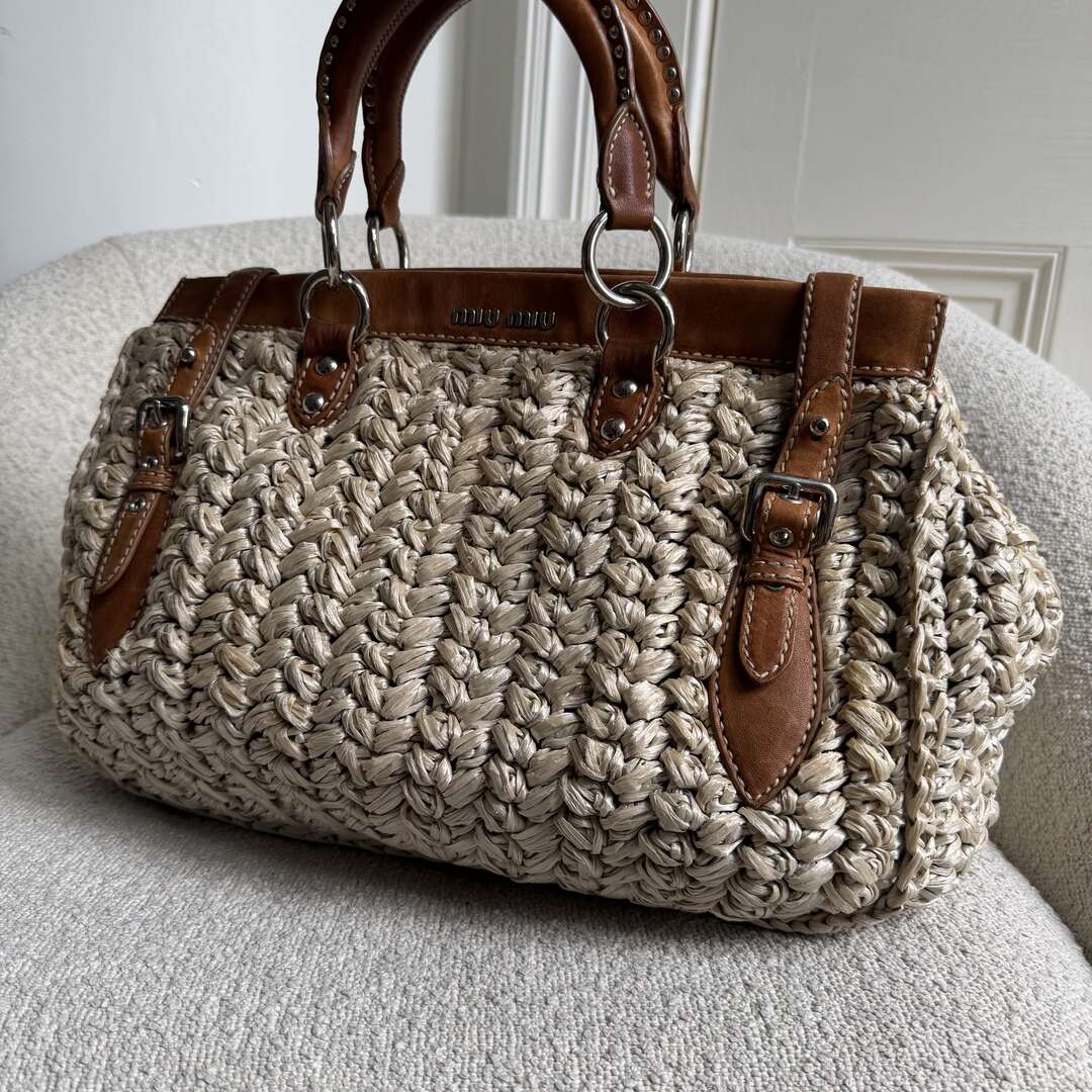 Miu Miu Straw Cream Raffia Brown Leather Tote Bag