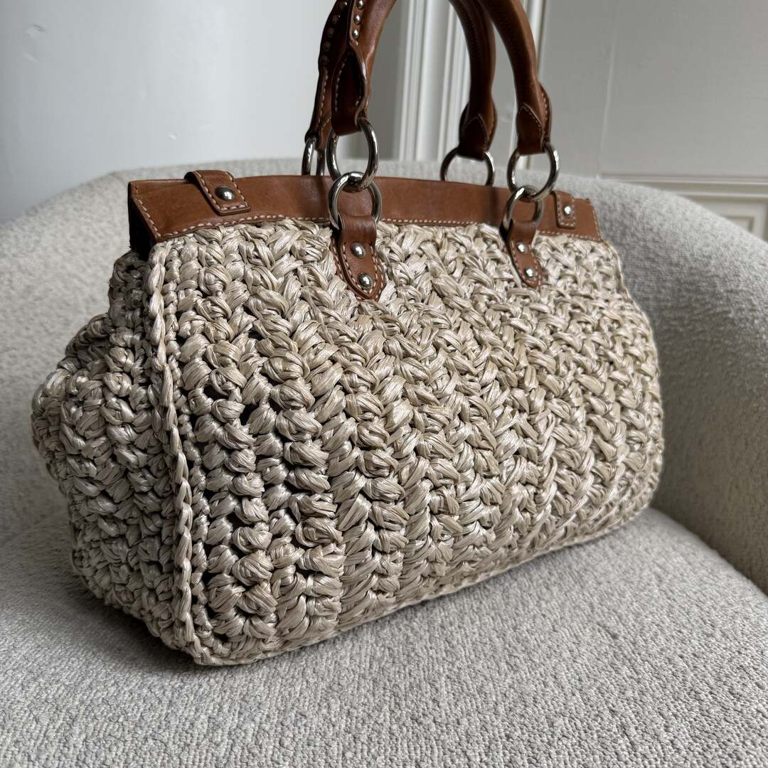 Miu Miu Straw Cream Raffia Brown Leather Tote Bag