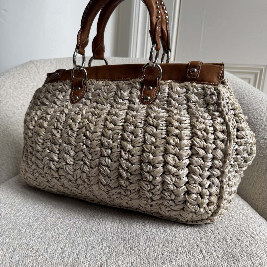 Miu Miu Straw Cream Raffia Brown Leather Tote Bag