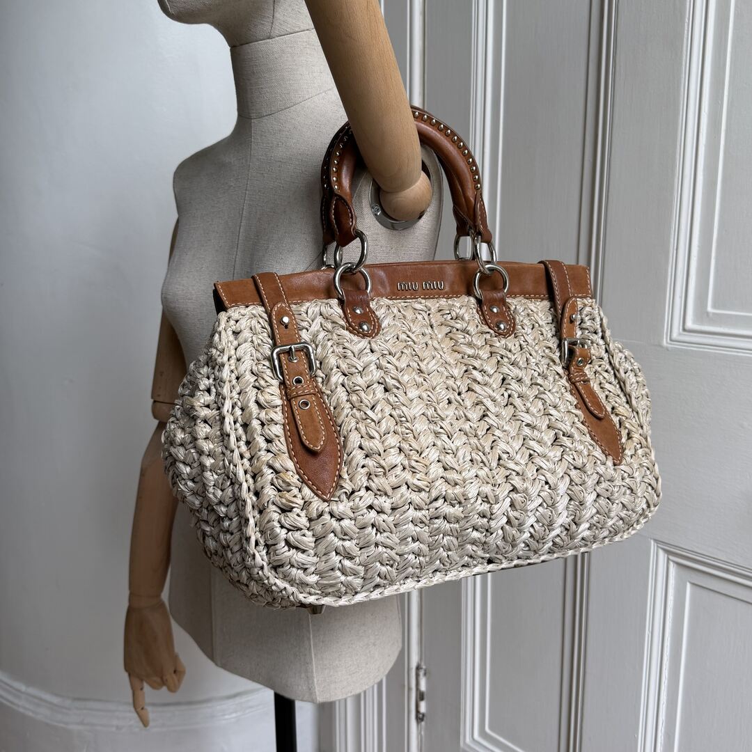 Miu Miu Straw Cream Raffia Brown Leather Tote Bag