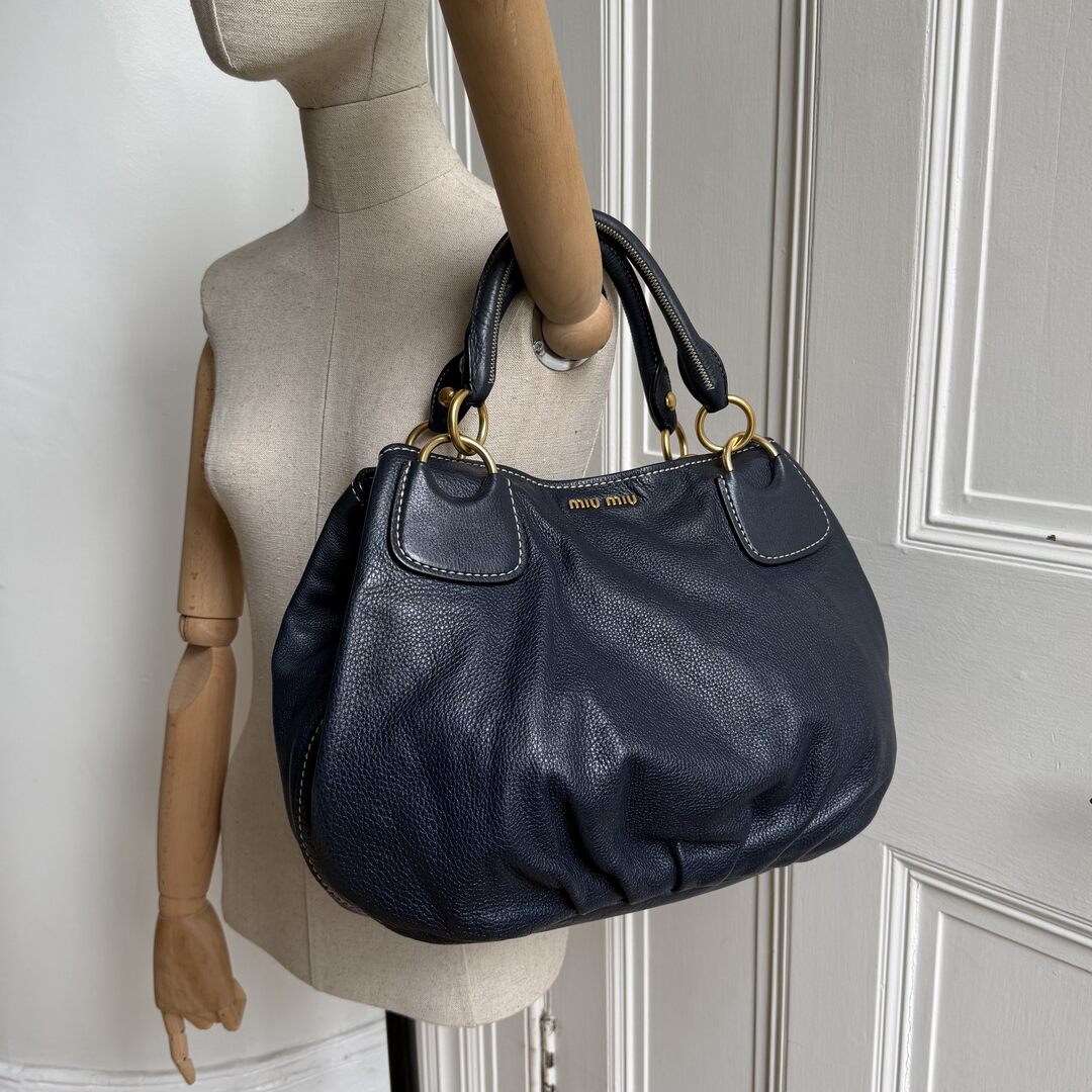 2007 Miu Miu Hobo Navy Leather Shoulder Bag