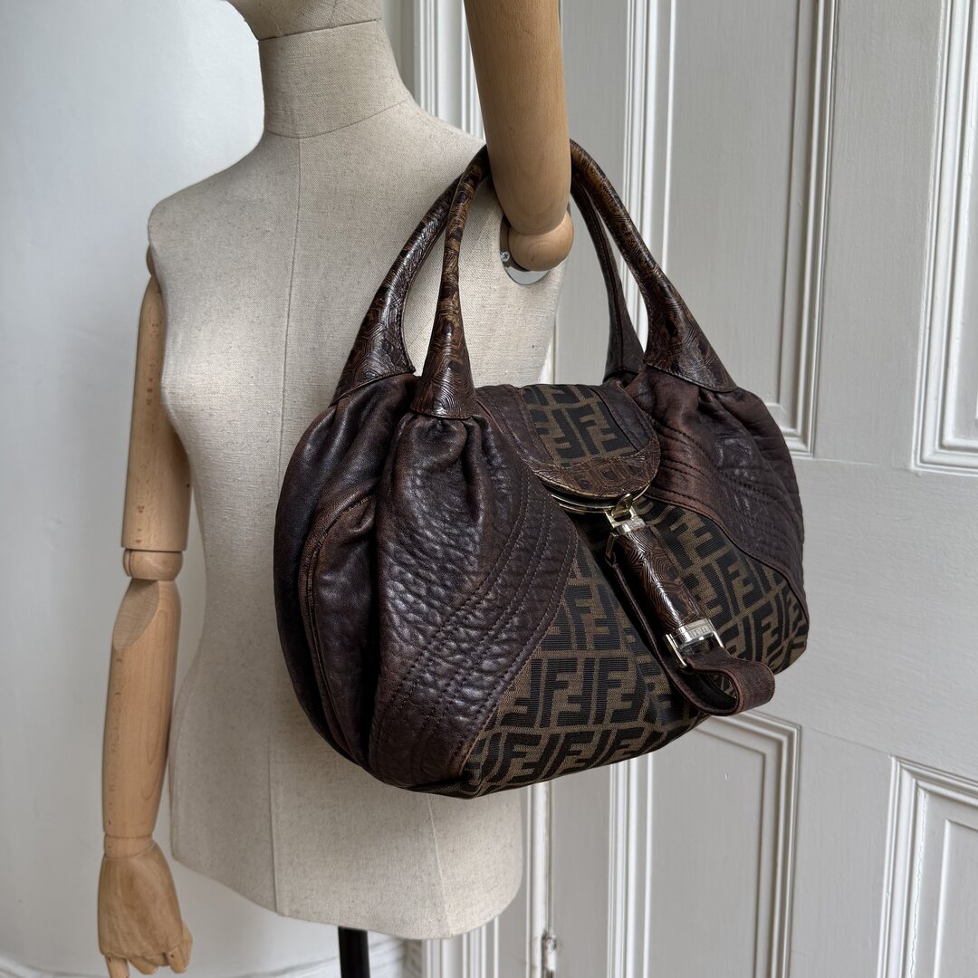 Fendi Zucca Spy Dark Brown Leather Handbag