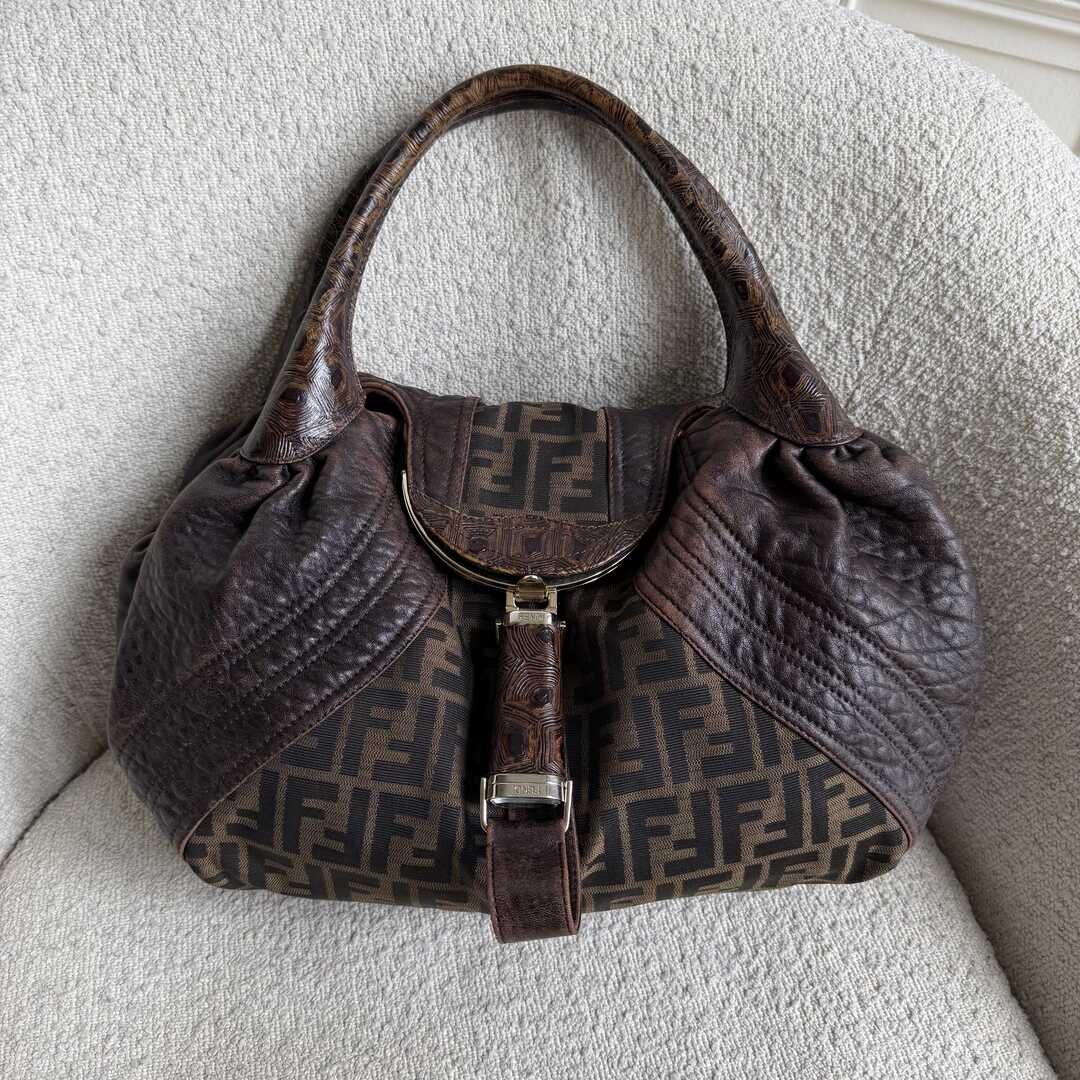 Fendi Zucca Spy Dark Brown Leather Handbag