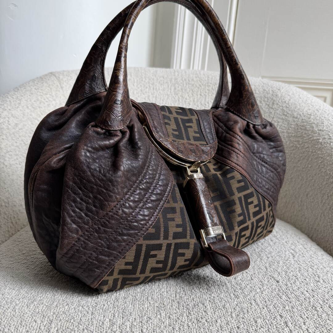 Fendi Zucca Spy Dark Brown Leather Handbag