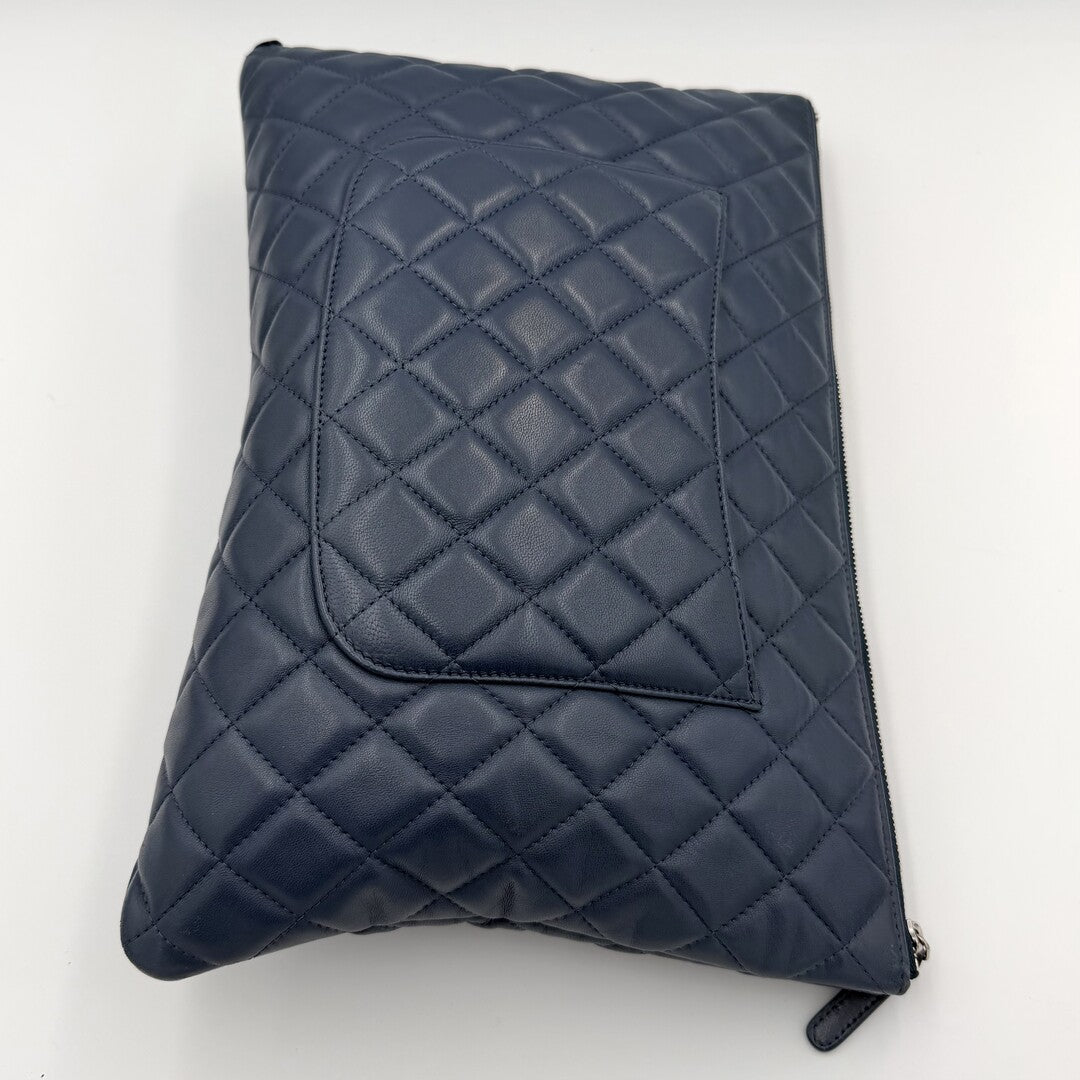 2016 Chanel Timeless CC Quilted Blue Leather Clutch Bag
