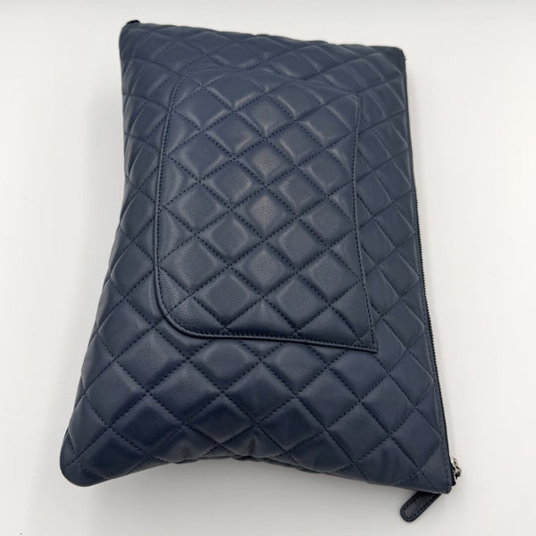2016 Chanel Timeless CC Quilted Blue Leather Clutch Bag