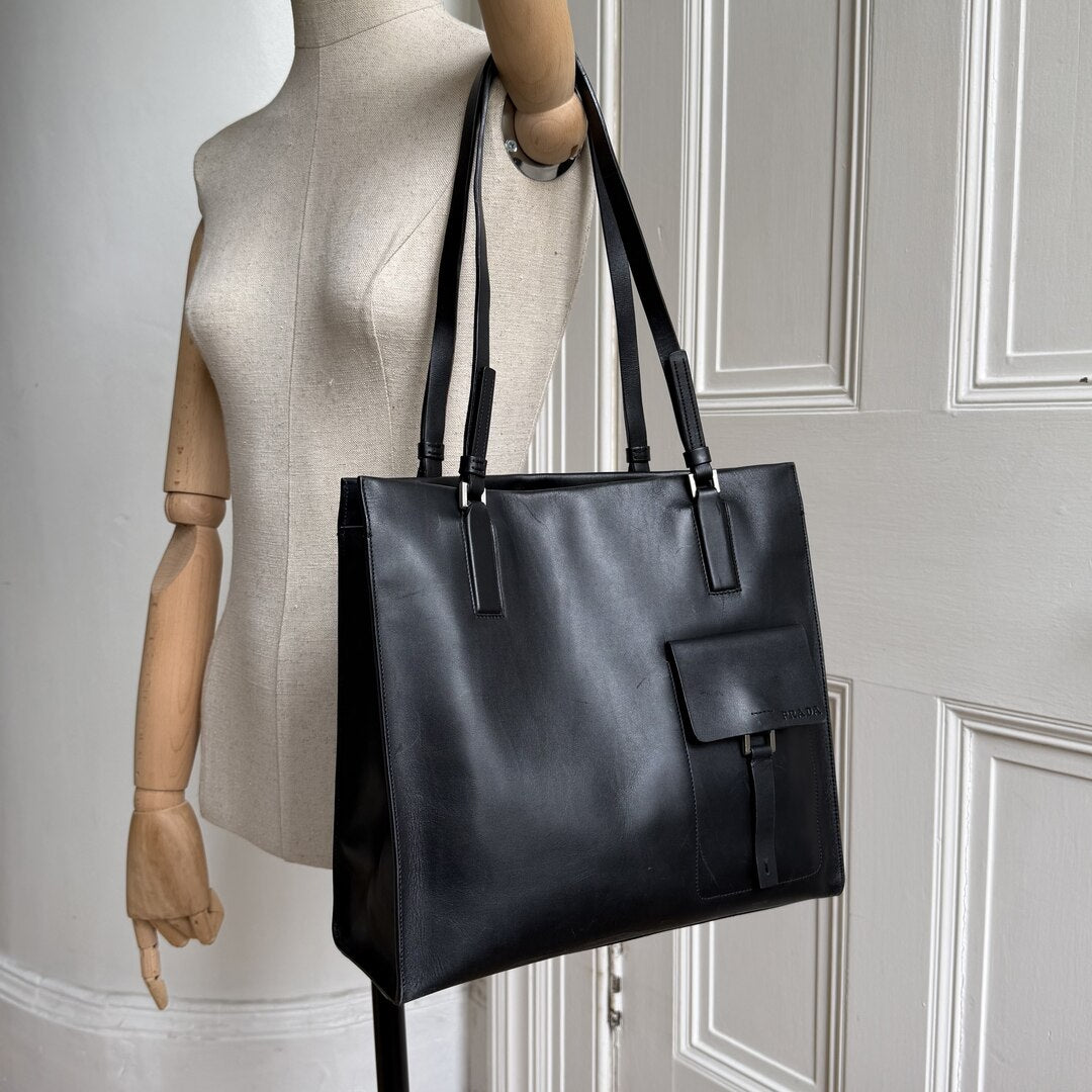 Archive Prada Pocket Leather Black Tote Bag