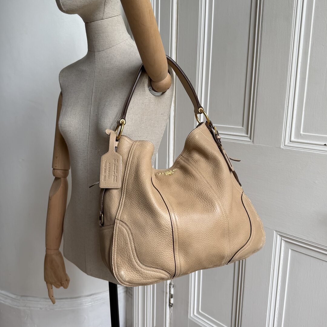 Prada Vitello Daino Beige Leather Shoulder Bag