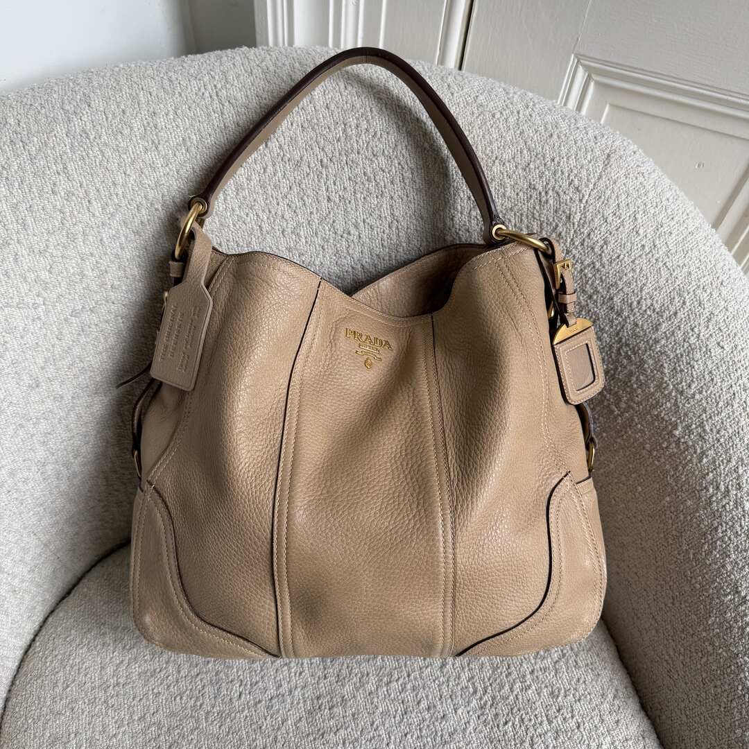 Prada Vitello Daino Beige Leather Shoulder Bag