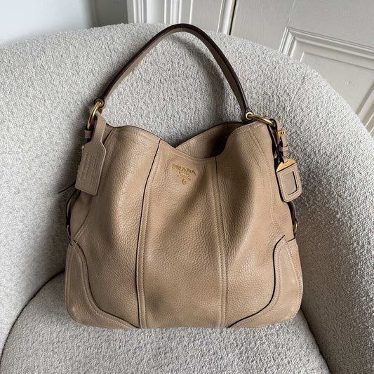 Prada Vitello Daino Beige Leather Shoulder Bag