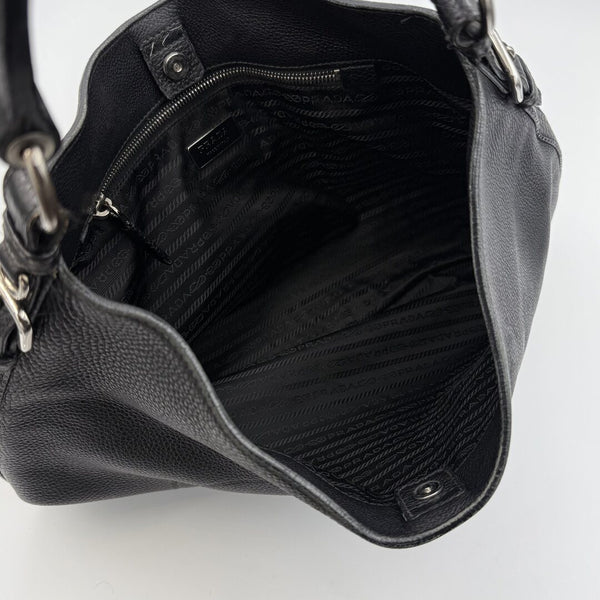 Prada Vitello Phenix Logo Embossed Hobo Black Shoulder Bag