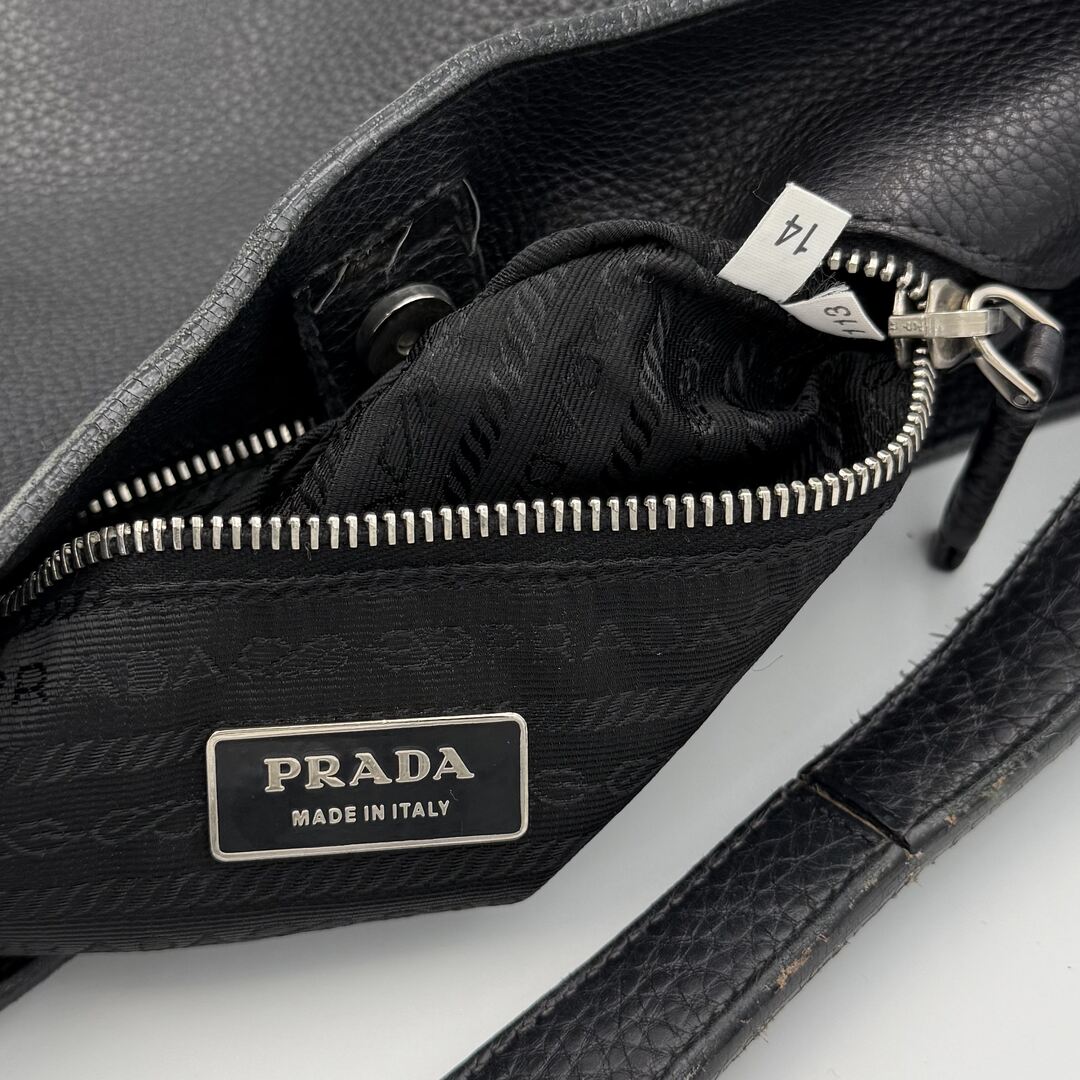 Prada Vitello Phenix Logo Embossed Hobo Black Shoulder Bag