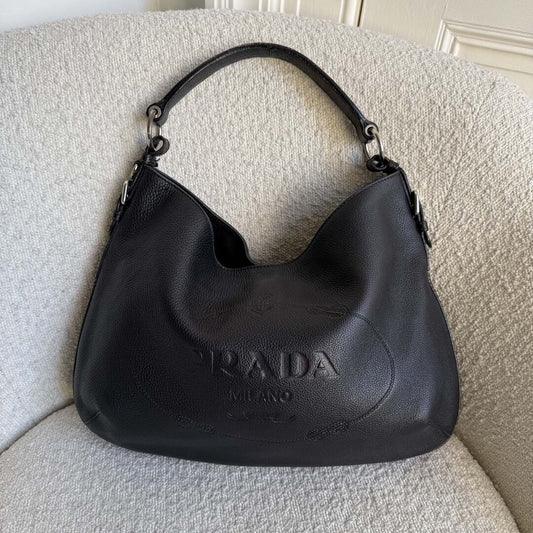 Prada Vitello Phenix Logo Embossed Hobo Black Shoulder Bag