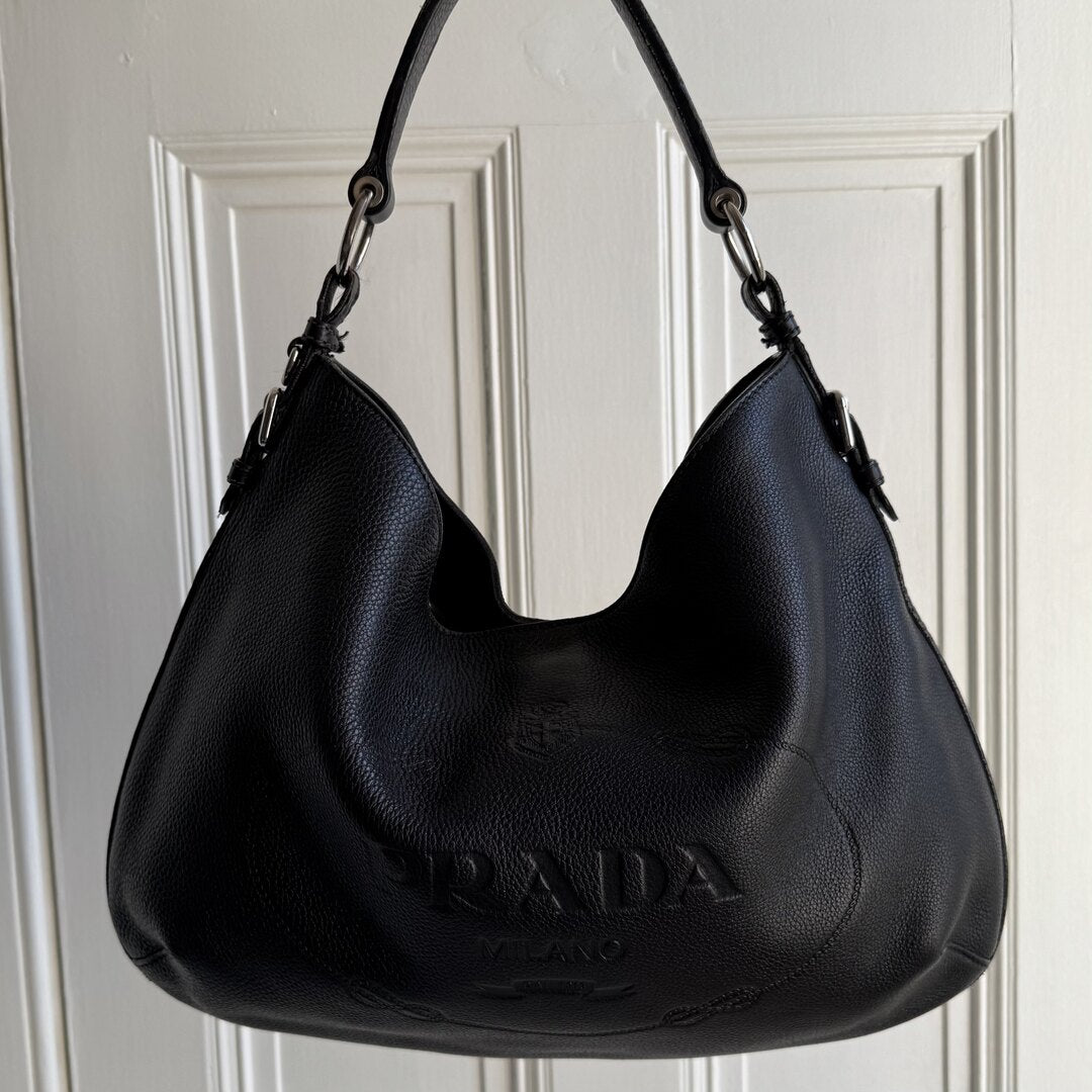 Prada Vitello Phenix Logo Embossed Hobo Black Shoulder Bag