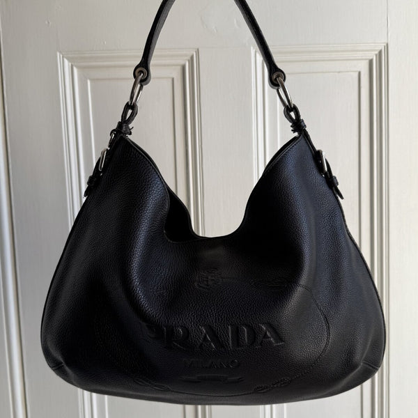 Prada Vitello Phenix Logo Embossed Hobo Black Shoulder Bag
