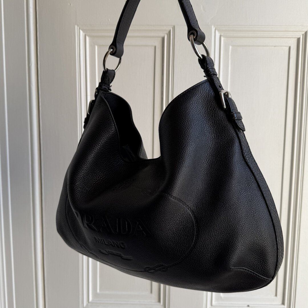 Prada Vitello Phenix Logo Embossed Hobo Black Shoulder Bag