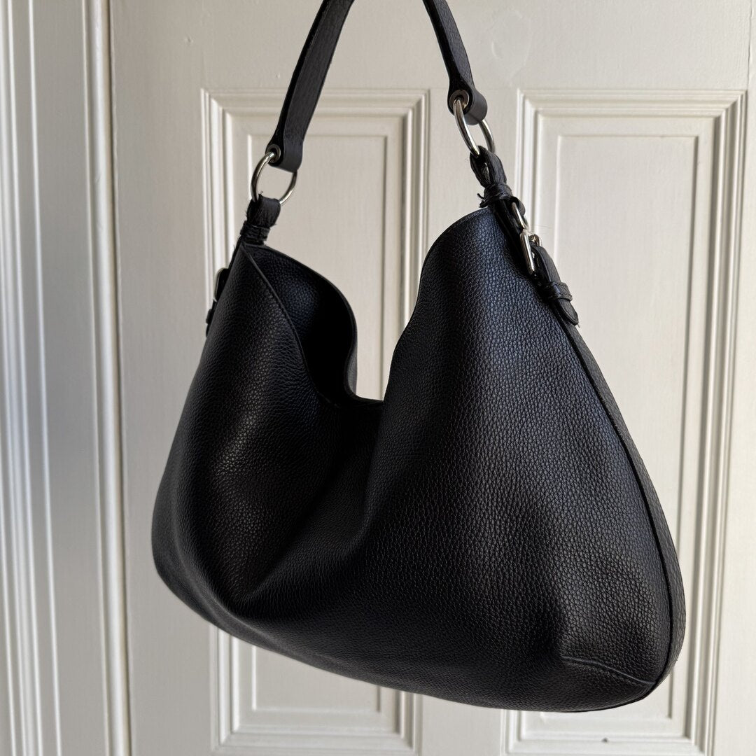 Prada Vitello Phenix Logo Embossed Hobo Black Shoulder Bag