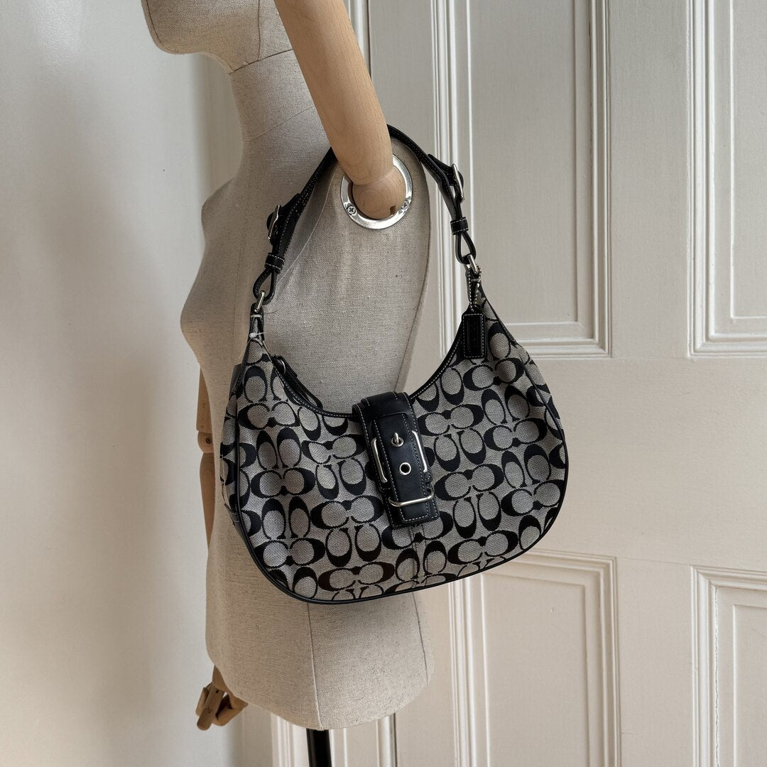 Coach Signature Hobo Buckle Black Shoulder Bag