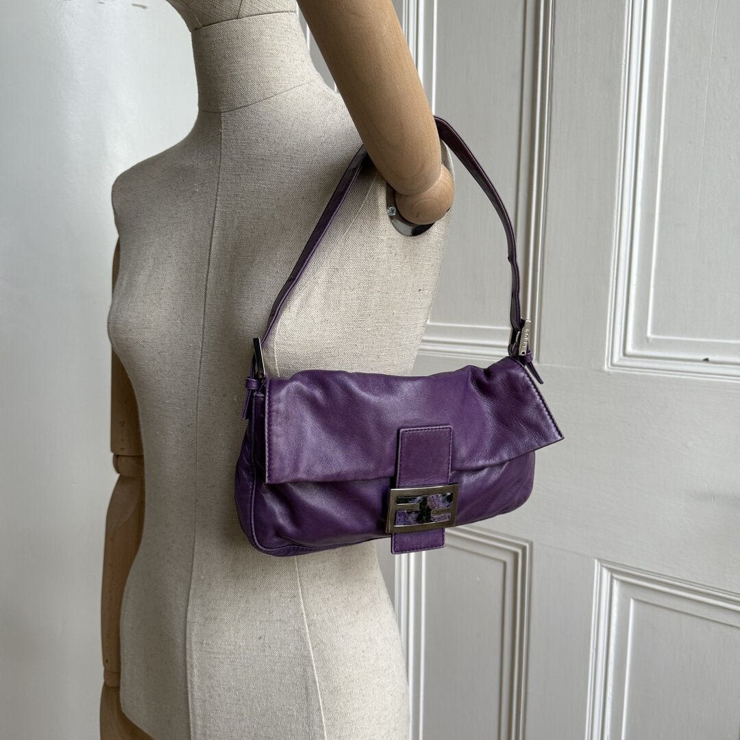 Fendi Mamma Baguette Purple Leather Shoulder Bag