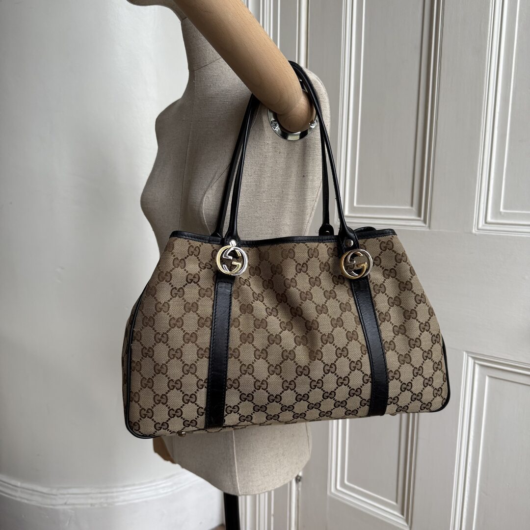 Gucci GG Canvas Twins Black Leather Tote Bag